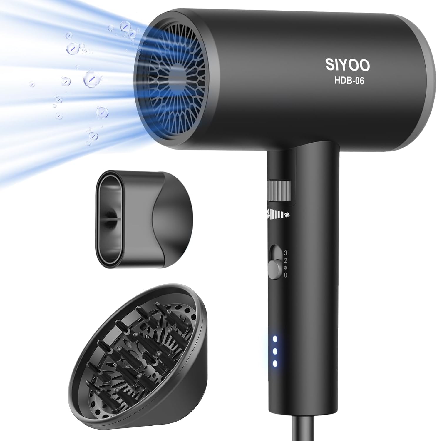 SIYOO professional ionic hair dryer in black with diffuser, concentrator nozzle, and removable filter